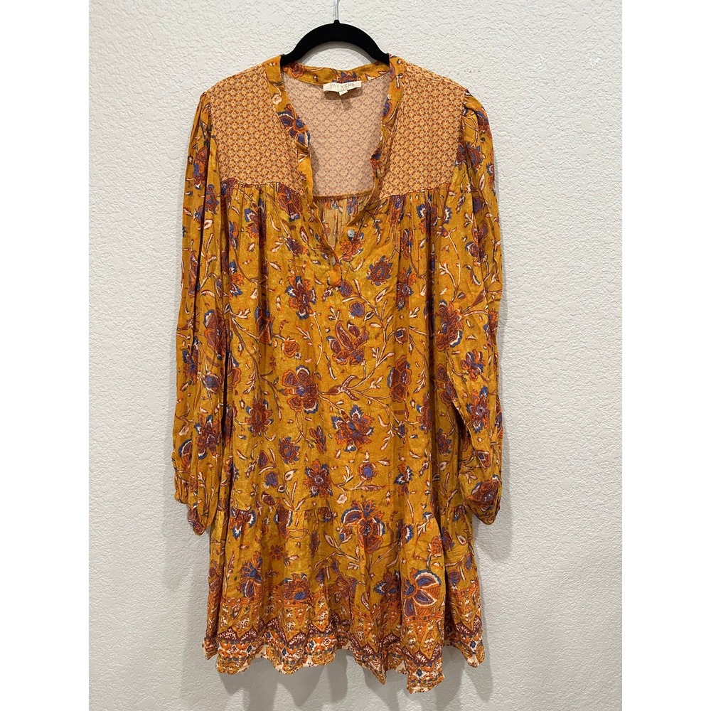 Farmers Market Boho Floral Mini Dress Mustard Yellow Long Sleeve Viscose Large